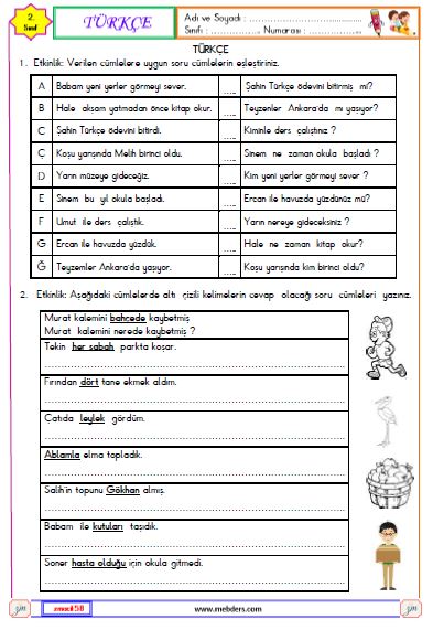2. Sınıf Türkçe Soru Cümlesi Etkinliği